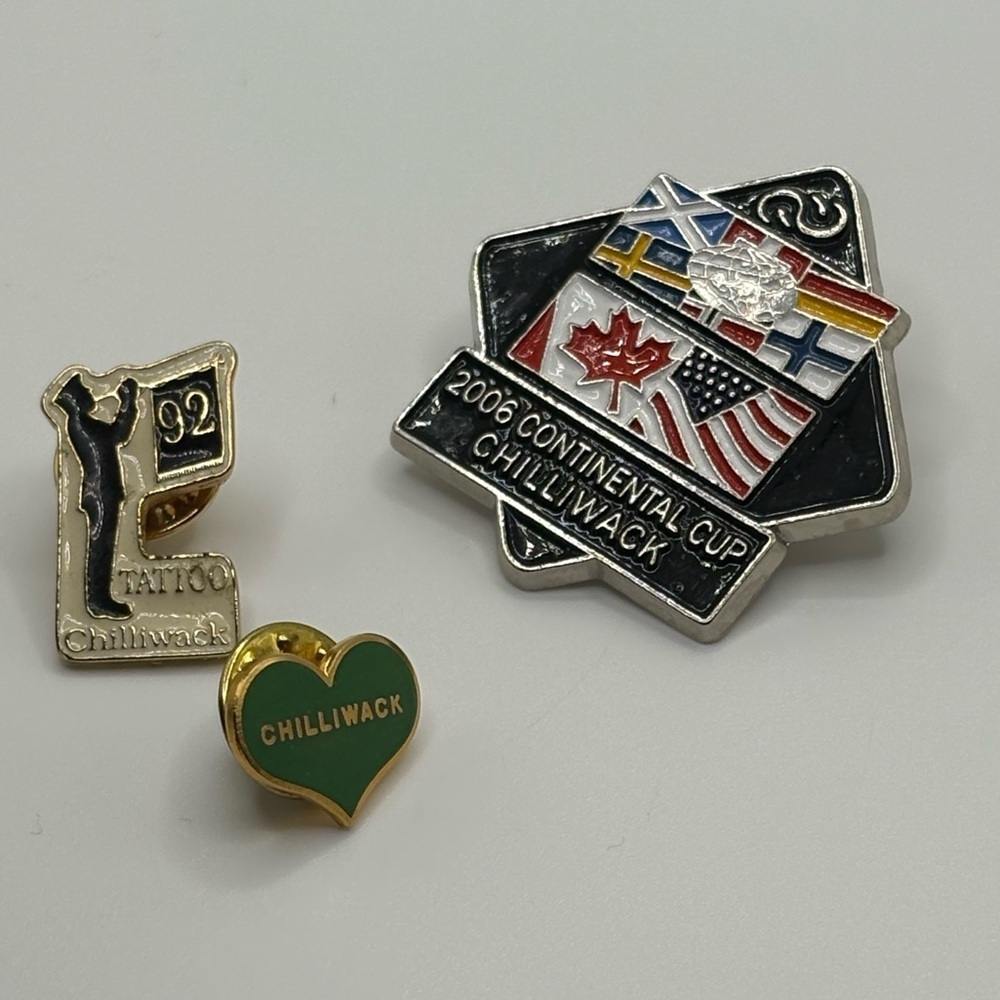 Chilliwack BC Souvenir Pin Lot – 2006 Continental Cup Curling + Local Pins (3)